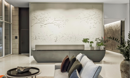 a lobby with seating