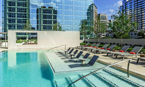 a pool with seating
