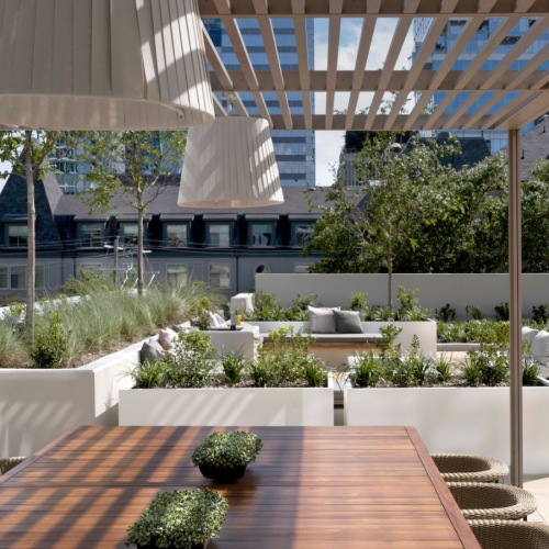 Tranquil Courtyard with Shaded Dining and Lush Landscaping Tranquil Courtyard with Shaded Dining and Lush Landscaping