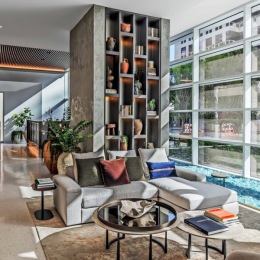 a spacious lounge with plants and books