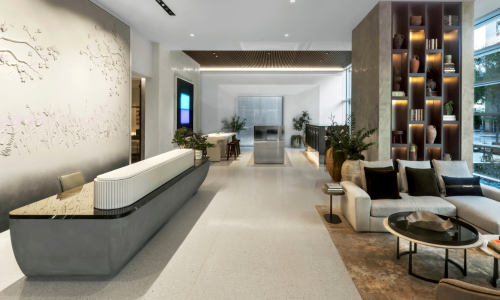 a leasing office with ambient lighting