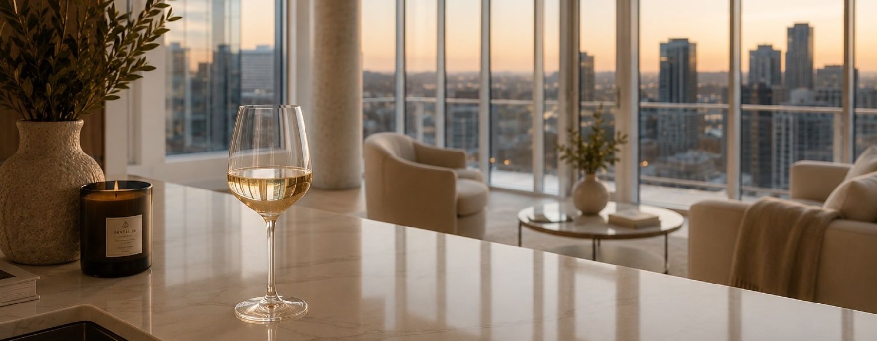a room with a glass of champaign on a table