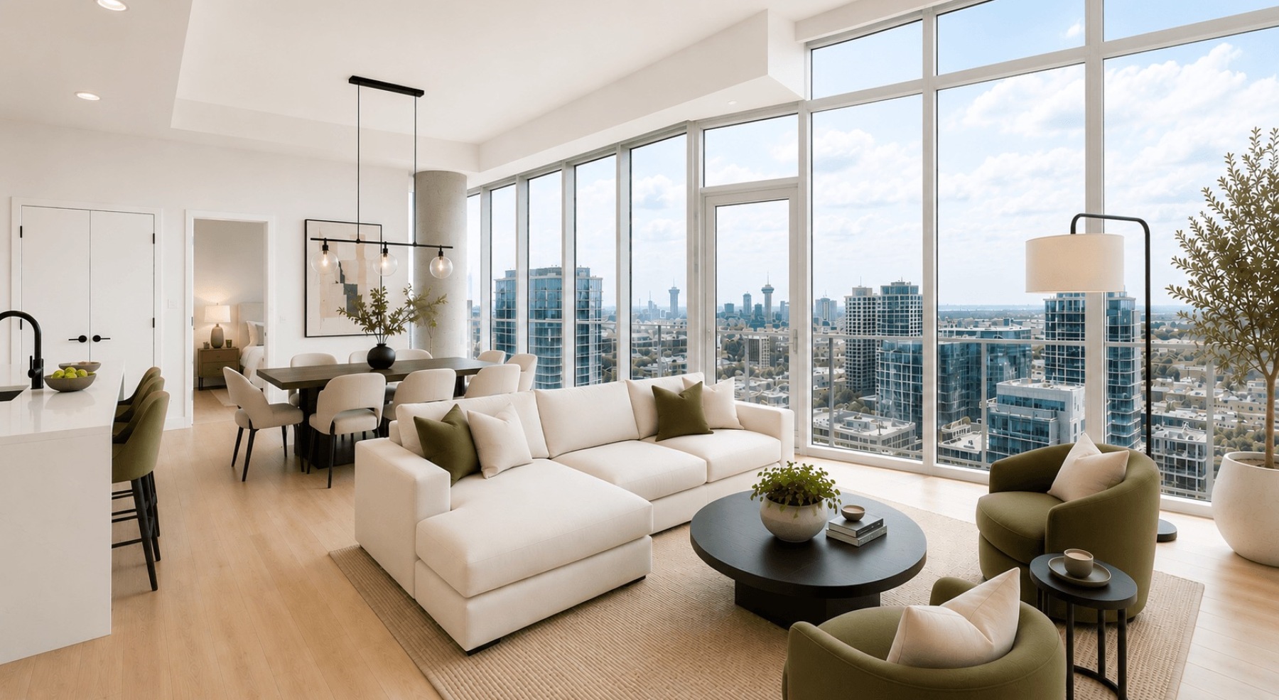 a living room with a couch and chairs