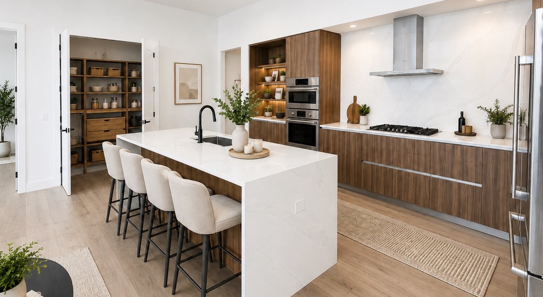 a kitchen with an island and chairs